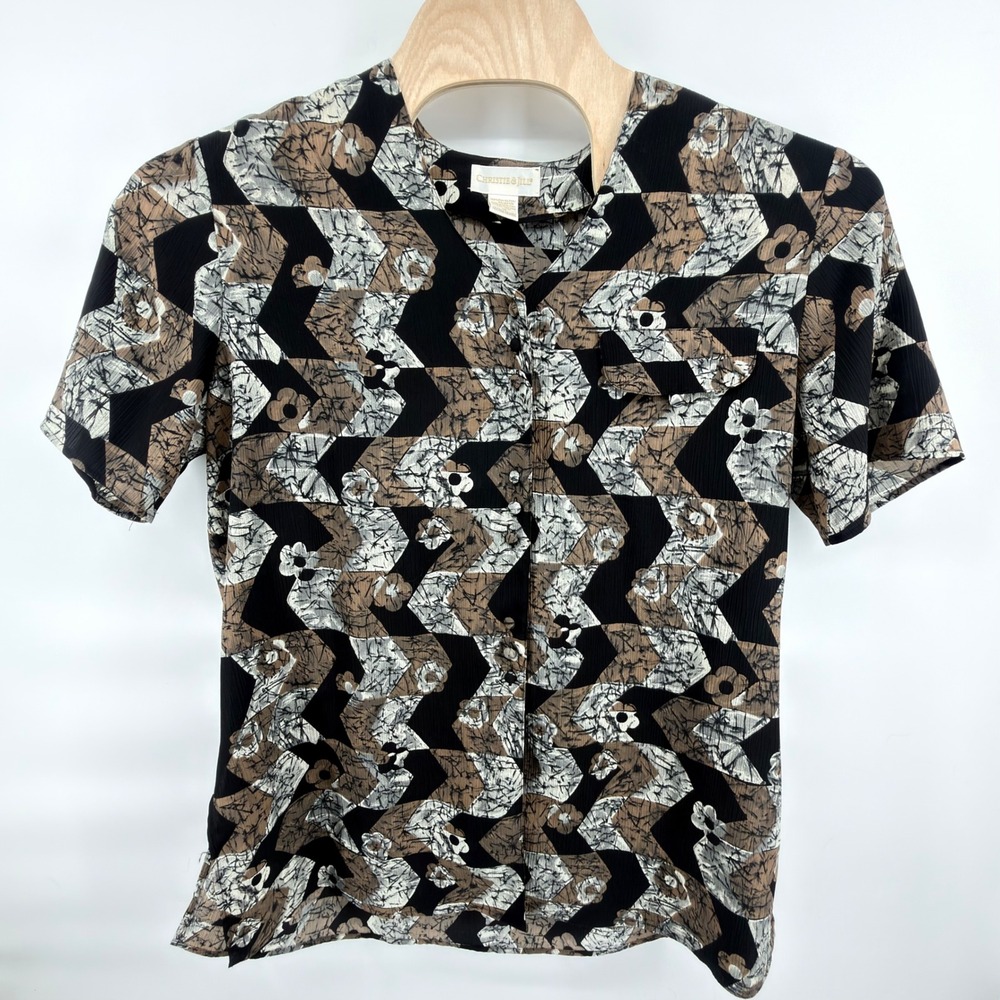 Vintage Christie & Jill‎ 1X Geometric Chevron Print Short Sleeve Blouse Top